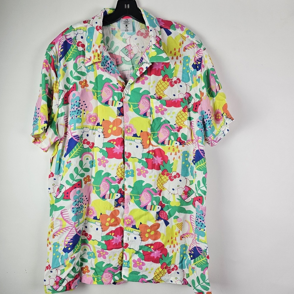 Hello Kitty XL Multicolor Tropical Cartoon Rayon Short Sleeve Button-Up Shirt